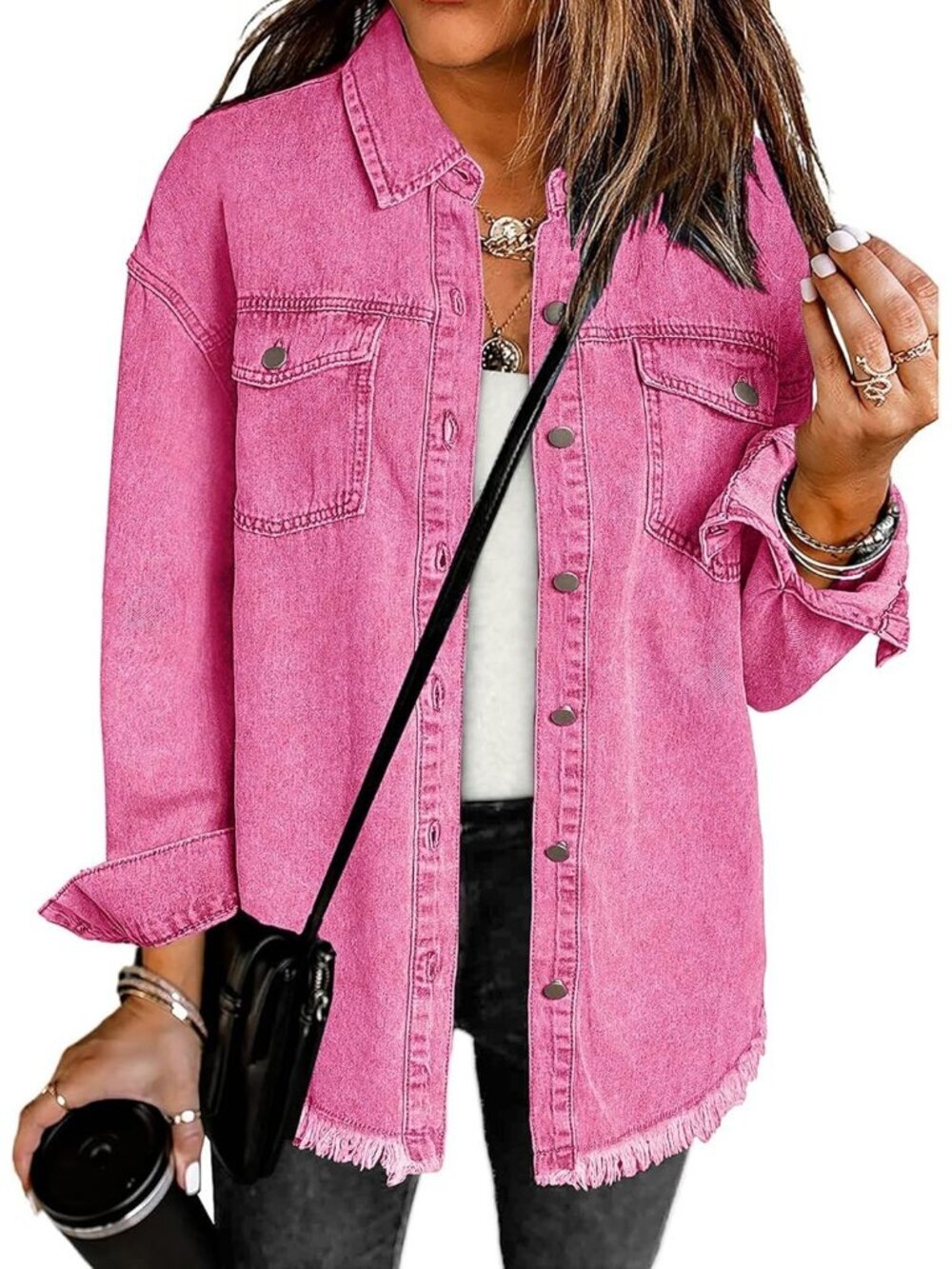 Women's Pink Oversized Button Down Casual Western Jean Jackets Long Sleeve
